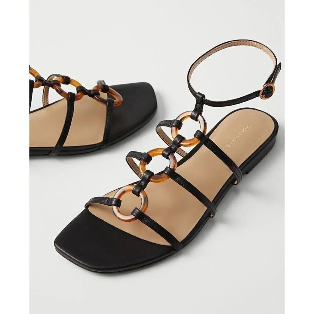 Ann Taylor Aaliyah Tortoiseshell Print Ring Leather Flat Sandals Size 9.5 - Picture 1 of 7